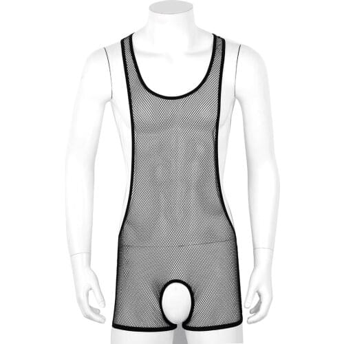 Men See Through Sheer Fishnet Sleeveless Scoop Neck Crotchless Jumpsuit Wrestling Singlet Short Bodysuits Underwear Lingerie