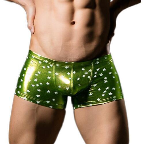 Men Boxer Shorts Star Printed PU Leather Bugle Pouch Sexy Mini Boxers Underwear Gay Stage Dance Erotic Panties Tights Clubwear