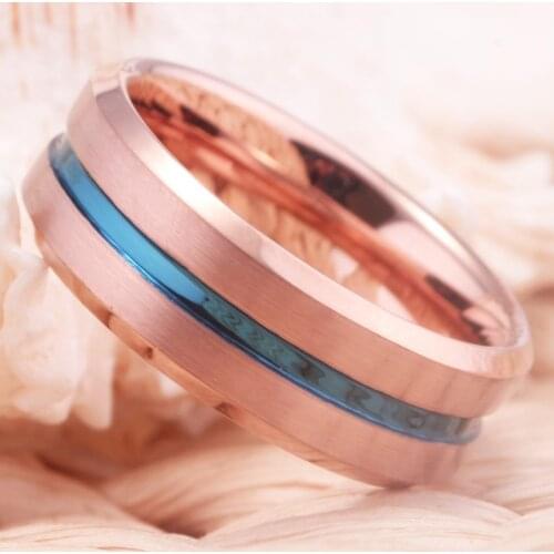 Mens 8mm Blue Grooved Tungsten Carbide Ring Matte Finish Rose Golden Beveled Edge Wedding Band Size 6 to 13