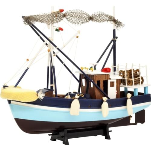 Luckk New 45cm Blue Fishing Boat Ship Model Wooden Sailboat Model Toys Home Decoration Modern Sailing Boats