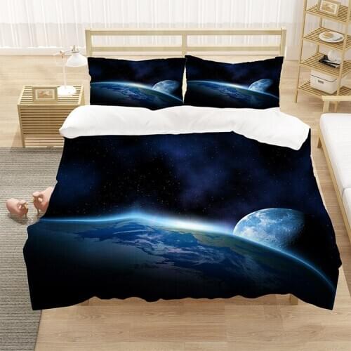 New Galaxy Bed Set Earth Moon Print Gorgeous Unique Design Outer Space Quilt Cover Set 3/4pcs Twin/Full/Queen Size Free Shipping