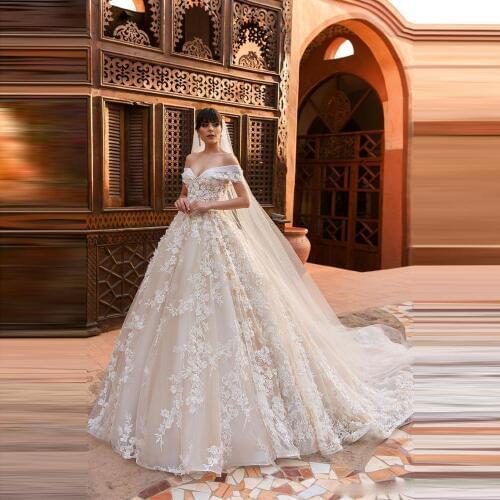 Luxury Arabic Sweetheart Wedding Dresses Lace Puffy Off Shoulder Bridal Gown Lace With Chapel Train Vestido De Noiva