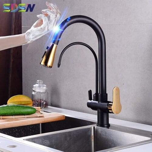 Touch Kitchen Faucets with Three Ways Pull Out Filter Kitchen Faucets Black Gold Hot Cold Kitchen Tap Smart Touch Pure Faucets