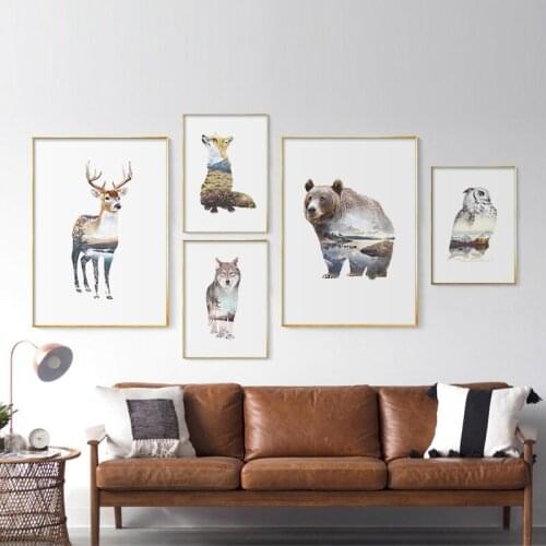 Nordic Landscape Silhouette Deer Canvas Art Posters and Prints Wall Art Picture Bear Owl Fox Painting Modern Home Decoration