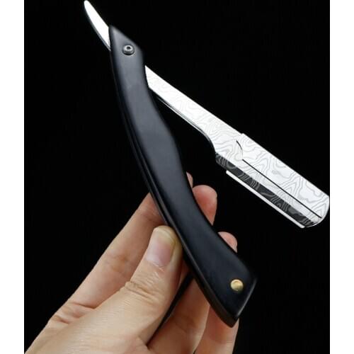 Barber Damascus Pattern Folding Razor Ebony Handle Manual Shaver Straight Edge Stainless Steel Razor Beard Cutter Holder G0104
