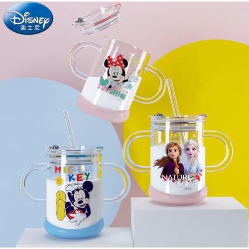 Disney Mickey Mouse Cartoon Anime Water Cup Thermostability Glass Frozen Elsa Anna Princess Child Milk Scale Cup Baby Straw Cup