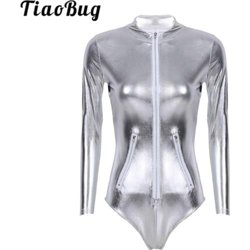 TiaoBug Women Patent Leather Long Sleeve Leotard Sexy Bodysuit Pole Dance Clothing Rave Clubwear Adult Stage Performance Costume