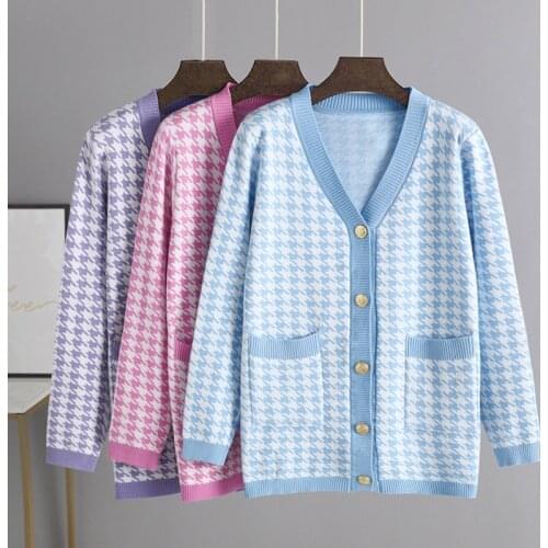 Elegant Houndstooth Knit Cardigan Women V-neck Long Sleeve Loose Large Size Top Jacket sweater oversized cardigans Autumn 2021