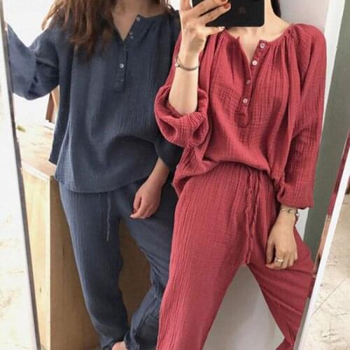 Womens Pajamas Korean Contton Linen Breathable Red Blue Long Sleeve Tops Drawstring Pants Sleepwear Sets Girlfriends Homewear