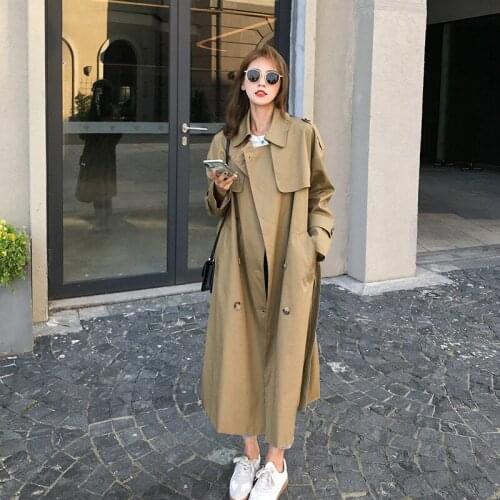 Womens Windbreaker Long Spring Autumn Korean Loose Khaki British Over-the-knee Jacket Fashion Ladies Cloak Classic Trench Coat