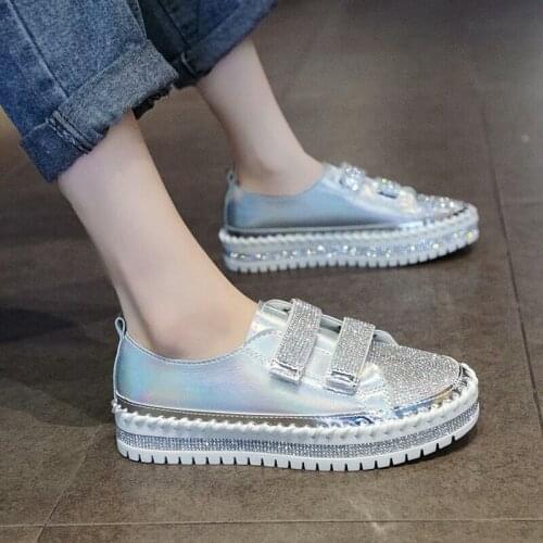 Women Rhinestone Casual Daily Magic Tape Sneakers Thick Botton Lazy Ladies Shoes Rhinestones Female Flat New Zapatillas de mujer