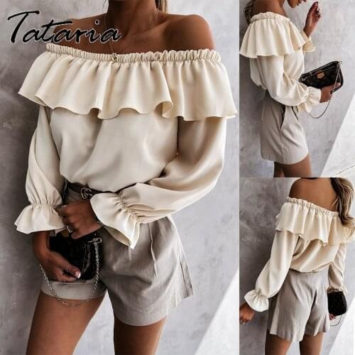 Ladies Sexy Summer Blouses for Women Ruffle One-neck Blouses Cool Loose Fashion Strapless T-Shirt Top Long Sleeve Female Chemise