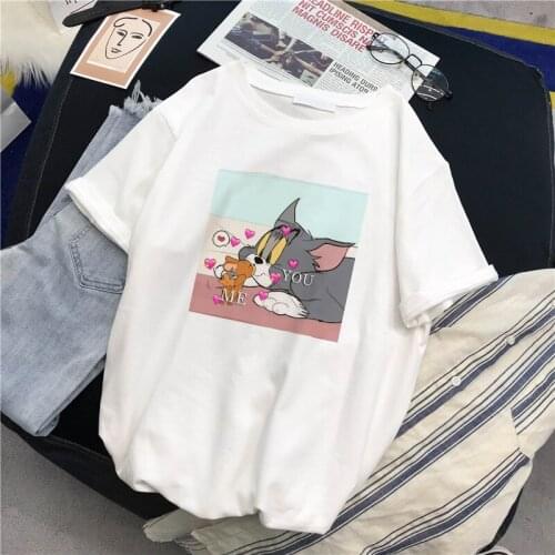 Harajuku Cat and Mouse Cute Cartoon print women tops New summer Fashion funny Loose Short Sleeve O-neck casual Womes T-Shirt