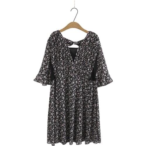 Plus Size 3XL-6XL Womens Chiffon Dress 3/4 Sleeve Floral Printed Pleated Vintage Summer Dress Long Vestidos