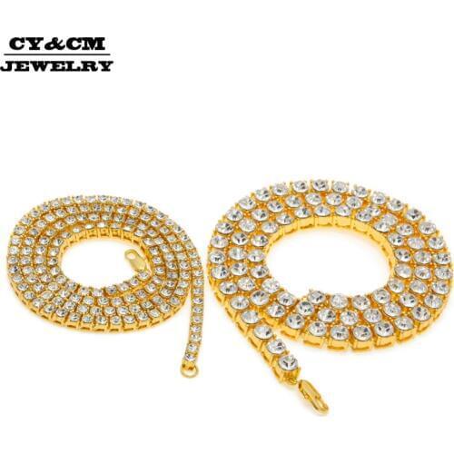 Gold Silver Color Men 1 Row Iced Out Tennis Crystal Rhinestone Tennis Link Chain Necklace Hip Hop Rock Chain Set 5mm24"+8mm30"