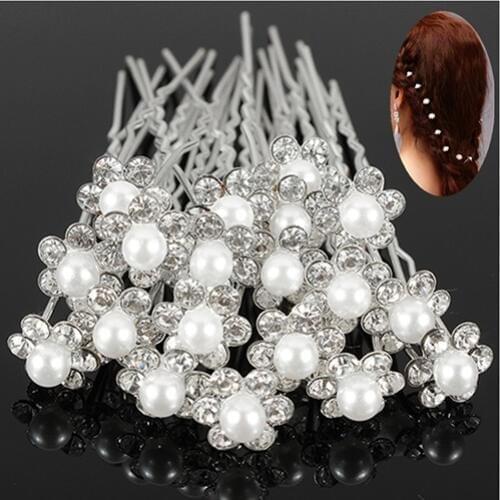! 20Pcs Wedding Bridal Faux Pearl Rhinestone Flower Hair Stick Pins Clips Silver Color Jewelry