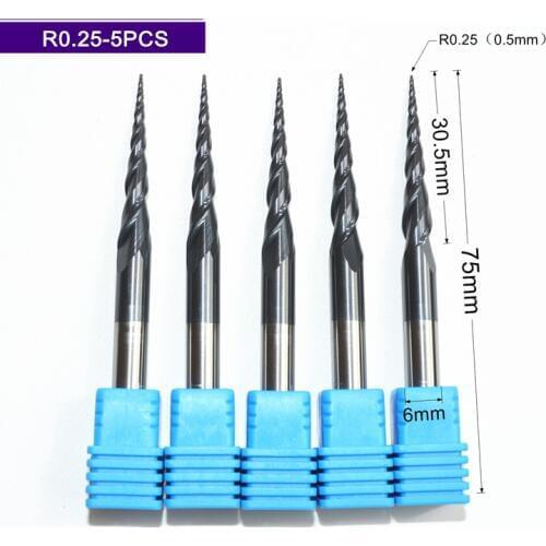 5PCS,R0.25*D6*30.5*75L,HRC55 Tungsten cnc solid carbide TiALN Coated Taper Ball Nose End Mill,taper and cone Bit,wood milling