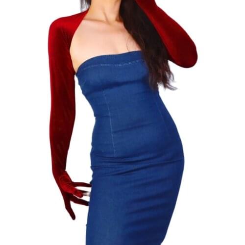 VELVET BOLERO GLOVES Deep Red Wine Top One-Piece Style Crop Shrug Jumper Sun Block UV Women Velour Long Gloves WSR51