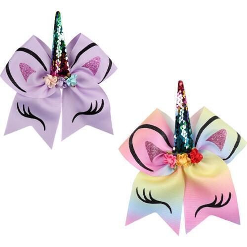 7" Sequin Cheer Bows for Girls Glitter Printed Hair Bow with Floral Sequin Horn Elastic Band Hair Tie Hair Accessories