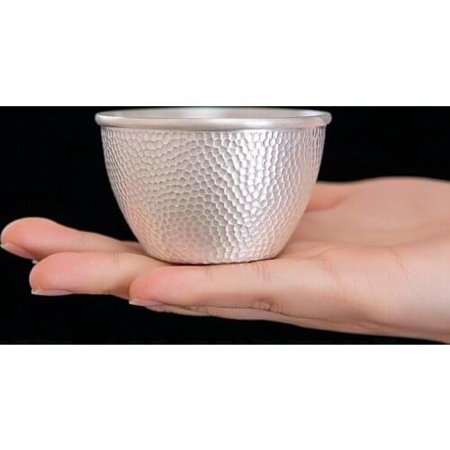 Sterling Silver 999 Tea Cup Handmade Hammer Pattern Master Single Small Bowl Ceremony Accessories Teaware Drinkware Tearoom Tool