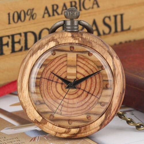Natural Retro Wooden Watches Men Table Double Wood Grain Circle Literal Quartz Pocket Watch Chain Clock for Men Women Friends