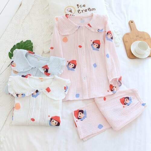 Childrens Pajamas Spring and Autumn Girls' Home Wear Summer Long Sleeve Trousers Middle School Childrens Cotton Double Gauze T