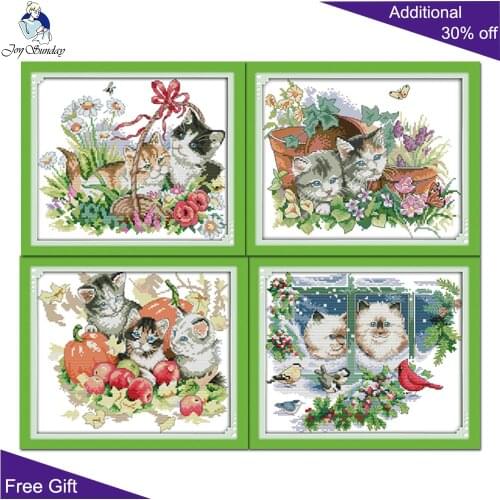 Joy Sunday Cats Home Decor D376(1)D377(2)D378(3)D379(4) Spring Four Seasons Cats-Spring Summer Autumn Animal Cross Stitch Kits
