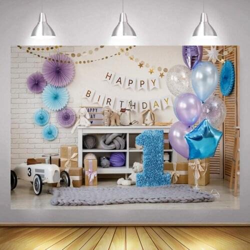 Blue 1st Photo Backdrop Boys Newborn Baby Happy Birthday Party Prince Balloon Decoration Princess Photography Backgrounds Banner