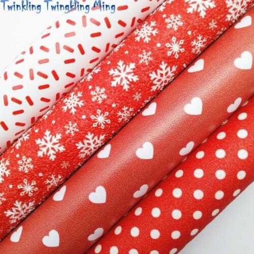 Snowflake Printed Glitter leather, Hearts Sprinkles Dots Printed Synthetic Leather Faux Fabric 21x29CM Twinkling Ming KM366