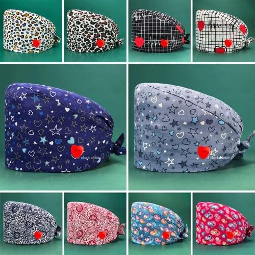 Summer Pet Clinic Nurse Scrubs Caps Breathable Cotton Elastic Tieback Print Dental Hospital Scrub Hats Medical Surgical Work Cap