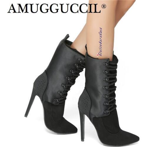 Customize Plus Big Size 34-47 Black Lace Up Fashion High Heel Females Girl Ladies Mid Calf Autumn Winter Women Boots X1759