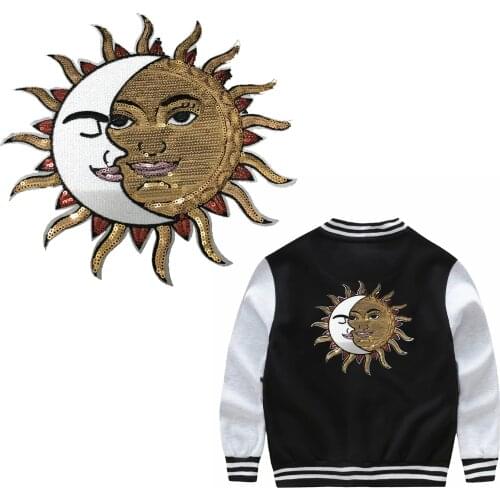 Half Moon Half Sun God Face Sequined Iron on Patches for Clothes Jacket DIY Embroidery Appliques Large