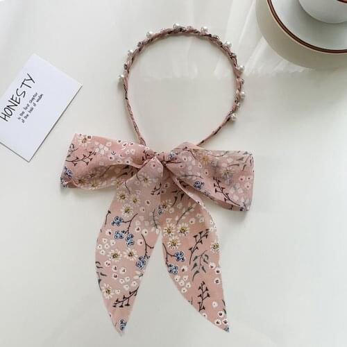 Sweet Girl Pearl Bezel Hair Bands Chiffon Solid Color Long Ribbon Braided Hair Hoop Lady Printed Headband New Hair Accessories