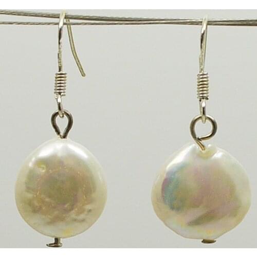 Charming Womens Gifts Pearl Jewelry Natural Freshwater Pearl Coin Earrings Real White Color Pearl Silvers Dangle Earrings