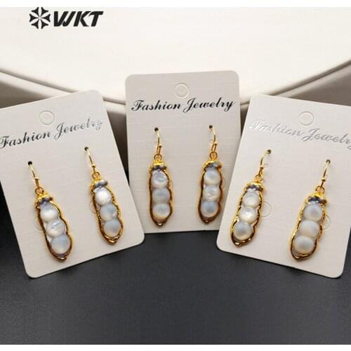 WT-E348 Wholesale natural shell earrings with 24K gold trim fashion shell in bean shape earrings jewelry for women