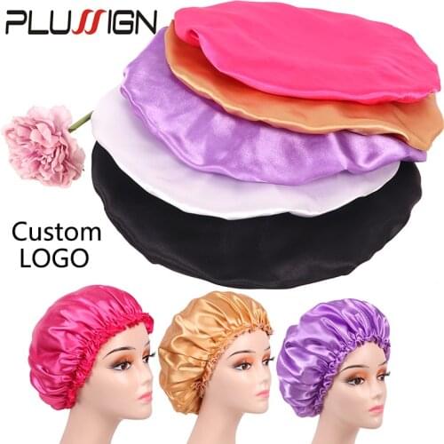 Plussign Custom Logo Satin Bonnet Sleep Bonnet Cap Double Layer Reversible Adjustable Satin Cap For Sleeping Hair Bonnet 20Pcs