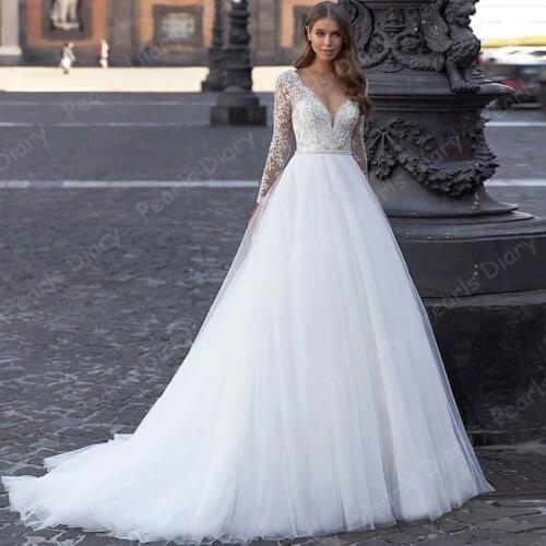 Beach Long Sleeves Wedding Gowns Robe De Mariee Double V-neck A-line Tulle Appliqued Beaded Lace Bridal Dresses Bride Dress 2021