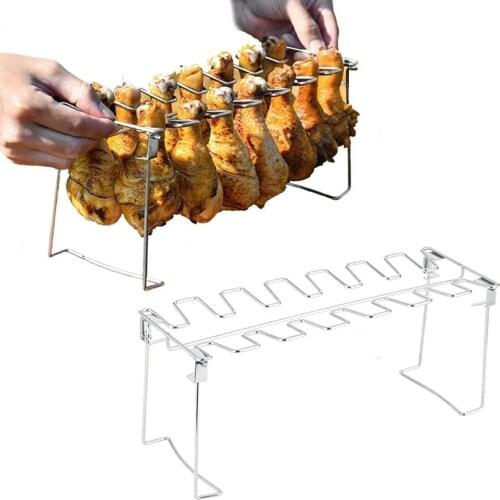 Stainless Steel Chicken Wing Leg Rack Grill Holder BBQ Beef Chicken Leg Wing Grill Rack 14 Slots With Drip Pan Bbq Accessories