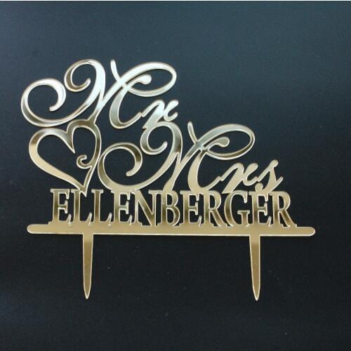 Custom Name Wedding Cake Topper with Heart Mirror Gold Personalized Cake Topper for Wedding Party Accessories Last Name Cake Top