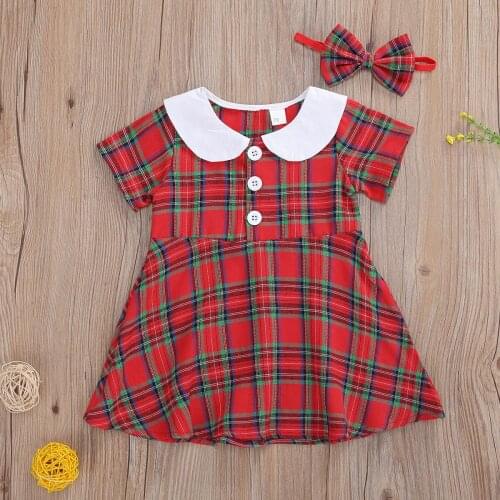 Christmas Baby Girls Dress Headband 2pcs Plaid Print Peter Pan Collar Front Button A-Line Dress