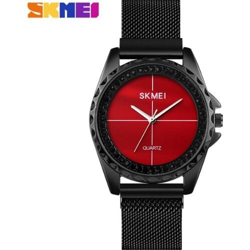 SKMEI Fashion Diamond Dial Casual Ladies Watches Waterproof Rhinestone Inlaid Mesh Strap Womens Magnet Quartz Wristwatches 1710
