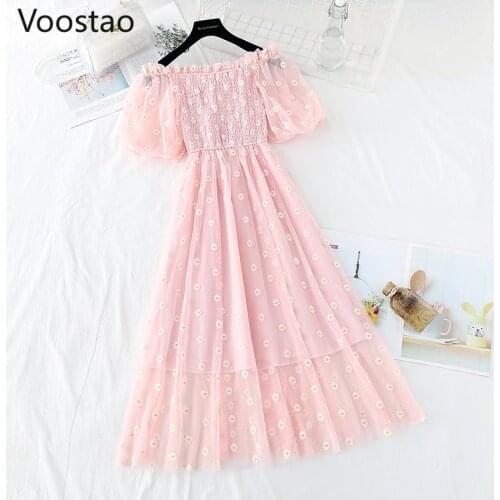 Sweet Floral Embroidery Fairy Mesh Dress Women Elegant Vintage Slash Neck Midi Dresses Female Puff Sleeve Slim Party Tulle Dress