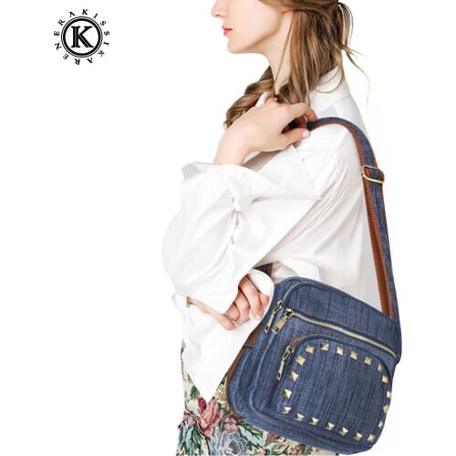 Stylish Denim Womens Messenger Bags Studded Women Shoulder Bags Roomy Satchels Pouch Bag Jeans Crossbody Women Purse