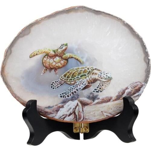 TUMBEELLUWA Natural Irregular Agate Slices With Wooden Base Stand Bear Wolf Sea Turtle Owl Pattern Ornaments Home Decoration