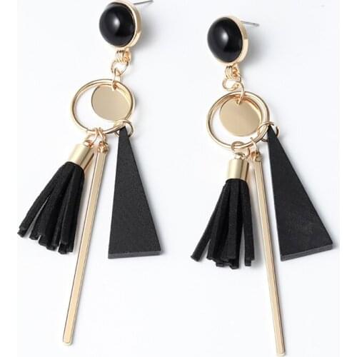 Vintage Leather Tassel Drop Dangle Earrings For Women Female Gold Geometric Long Metal Wood 2019 Fashion Brinco Jewelry