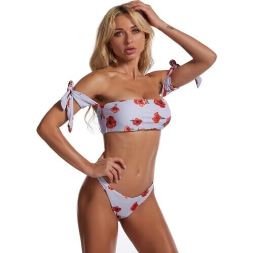 WTCandy 2021 New Print Red Flower Plus Size XXL Swimsuit Women Sexy Bandeau Bikini Off Shoulder Swimwear Beach Bathing Suit