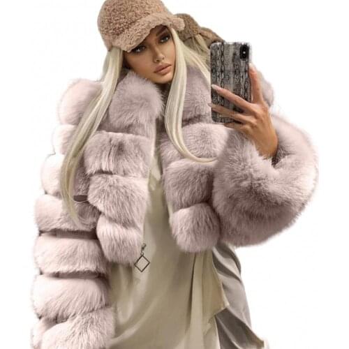 Ele-choices Women Winter Turn Down Collar Long Sleeve Zipper Faux Fur Short Coat Jacket