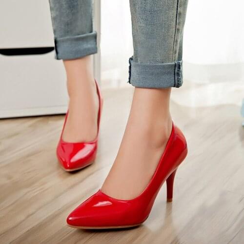 Sianie Tianie Patent PU Leather Cheap Plain Green Color Sexy Pointed Toe 8cm Thin High Heels Women Stilettos Pumps Wedding Shoes