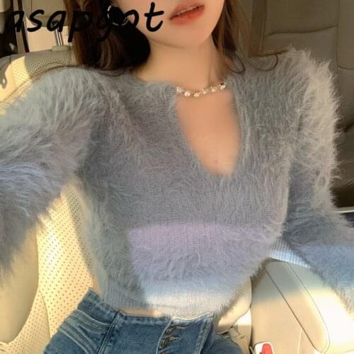 Temperament Grey Chain Tassel V Neck Sweaters Short Slim Knitwear Fashion Chic Korean 2020 Autumn White Bottom Shirts Tops Wild