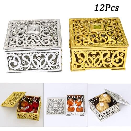 12pcs Mini Plastic Hollow Gold Foil Cake Candy Box Wedding Favor Marriage Baby Shower Gift Treat Box Party Event Supply
